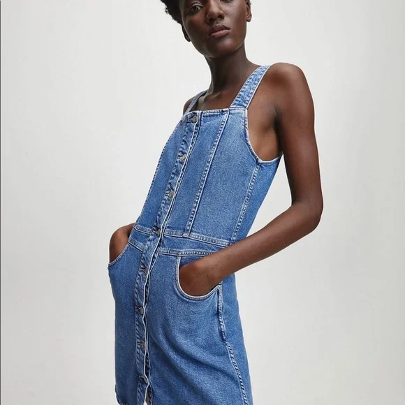 Womens Calvin Klein Blue Denim Dungaree Dress - Blue